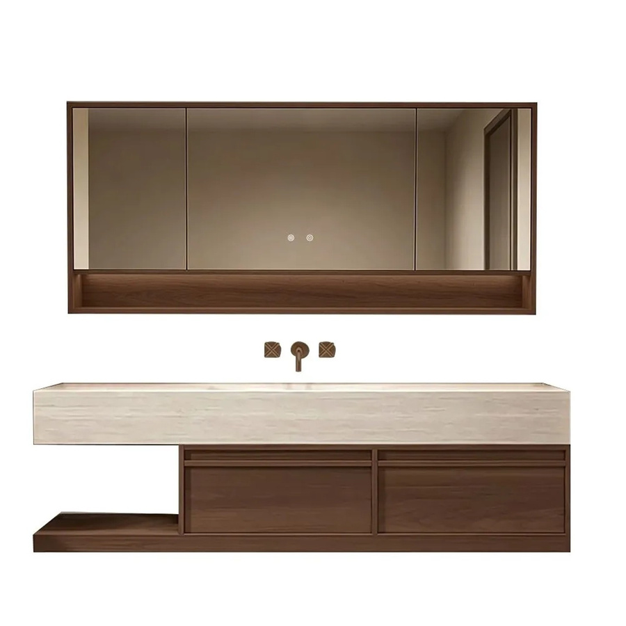 360Home Badmöbel Set mit Sinterstein Waschbecken in Braun, moderner Waschtisch mit Spiegelschrank und Seitenschrank, B: 140 cm, T: 55 cm, H: 70 cm - Bild 2