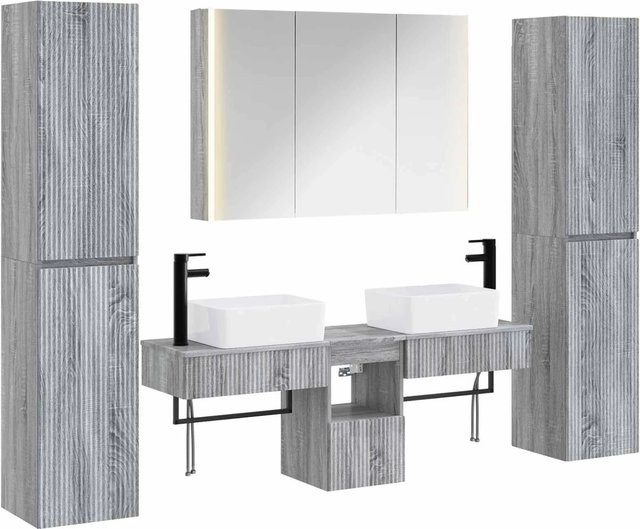 vidaXL Badezimmermöbel-Set 6-teilig in Grau Sonoma, modern mit Glasfronten, LED-Beleuchtung und Spiegelschrank - Bild 1