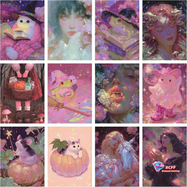 Potdemiel Wandkunst Diamant-Gemälde mit Halloween-Motiven Frosch Kürbis und Geist in quadratischer und runder Form B/H: 20 x 20 cm, B/H: 12 x 12 cm - Bild 1