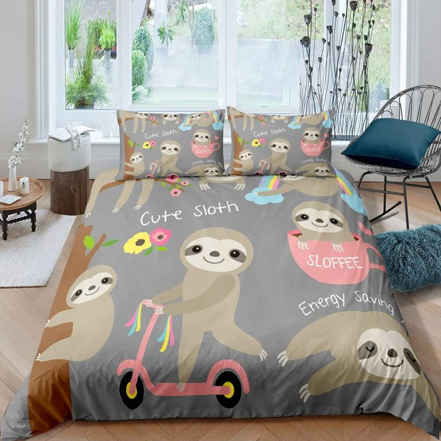 Bettwäsche Set mit Faultier-Motiv für Kinder aus Polyester, Grau, Breite: 140 cm, Höhe: 210 cm - Bild 1
