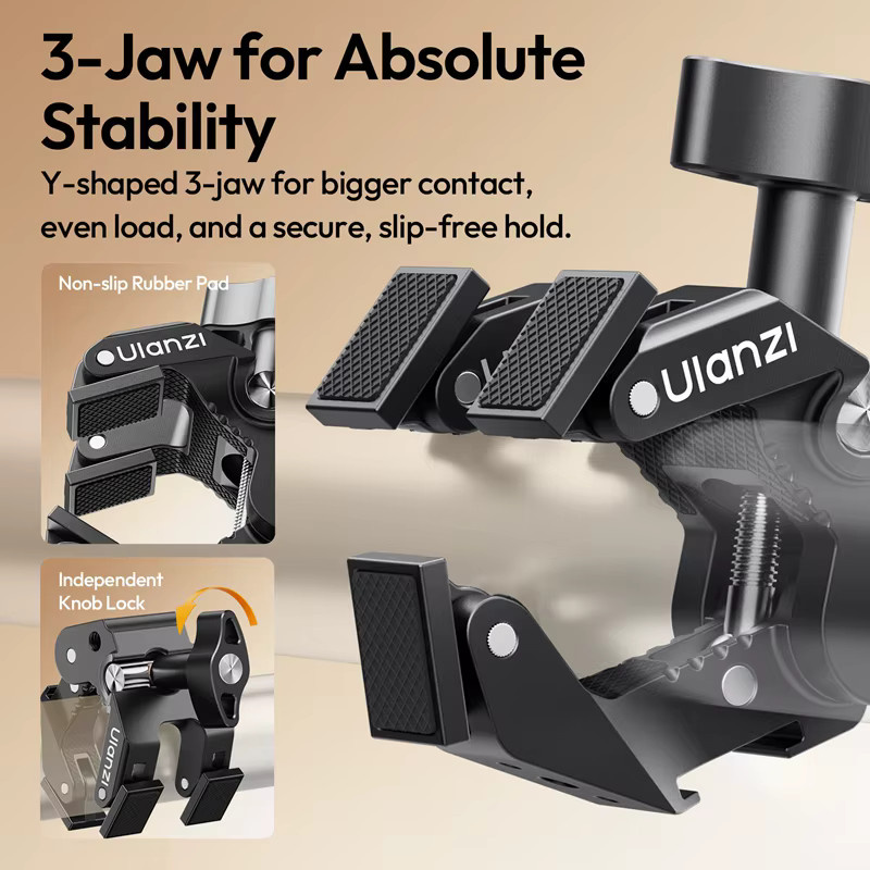 Ulanzi CO78 Super-Klemme mit 3 Backen in Schwarz für flache Oberflächen und Rundrohre zur Outdoor-Fotografie und zum Radfahren - Bild 3