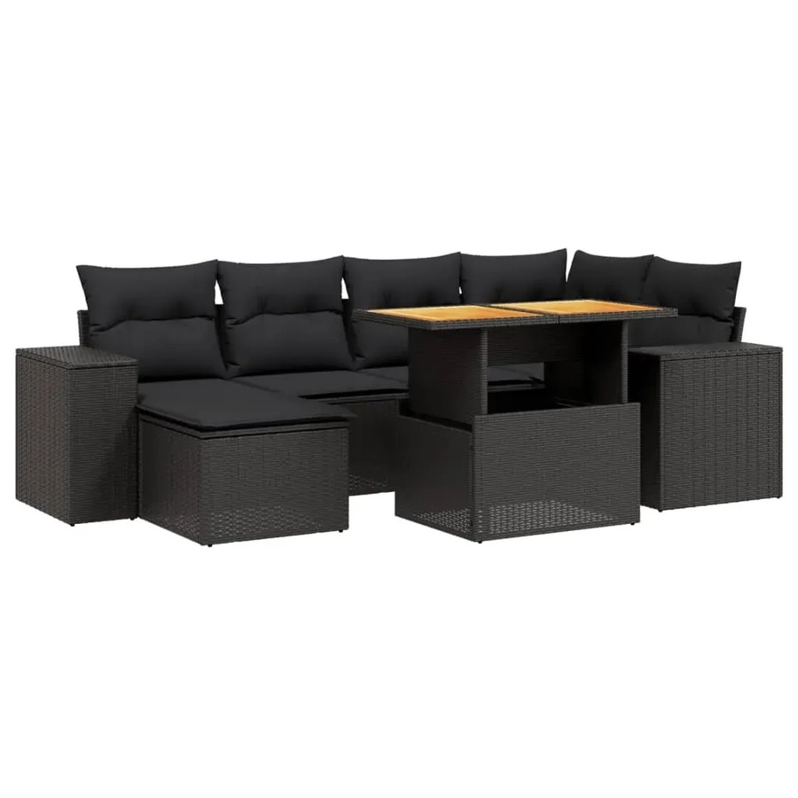 vidaXL 7-teilige Garten-Sofagarnitur aus Poly-Rattan und Akazienholz in Schwarz mit Kissen - Bild 2