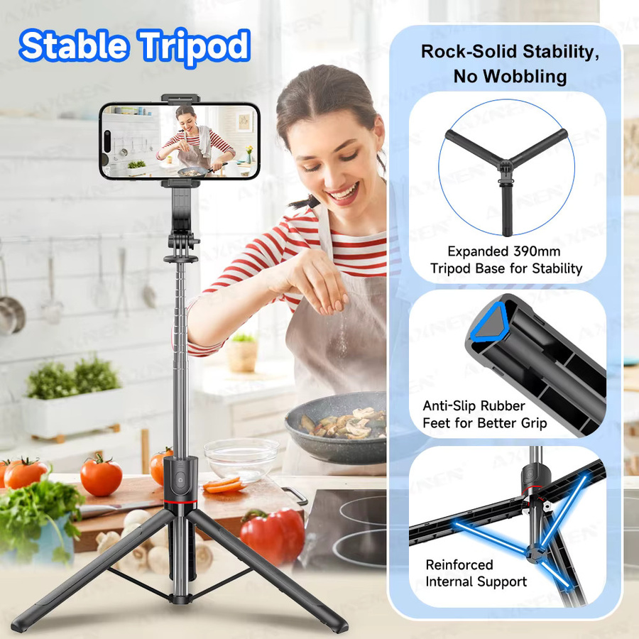 AXNEN F15 68-Zoll Selfie Stick Stativ mit Bluetooth Wireless Fernbedienung und verstellbarer Handyhalterung für iPhone und Android in Schwarz - Bild 5