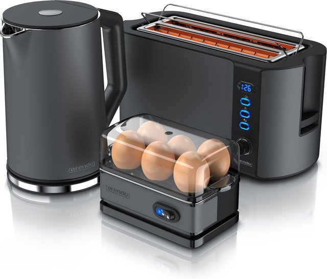 Arendo 3-teiliges Frühstücksset in Grau mit Wasserkocher 1,5l, 4-Scheiben Toaster und 6er Eierkocher - Bild 1