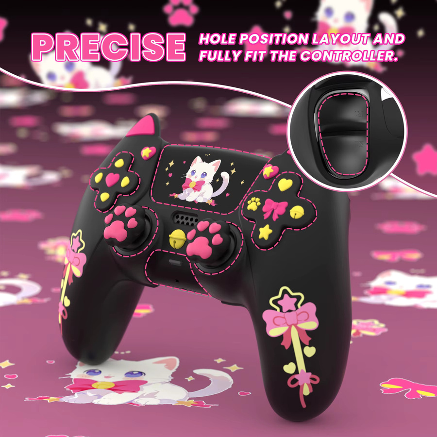 PlayVital Silikonhülle mit Joystickkappen und Aufklebern für PS5-Controller und PS5-Ladestation in Black Sweetheart Kitty - Bild 1