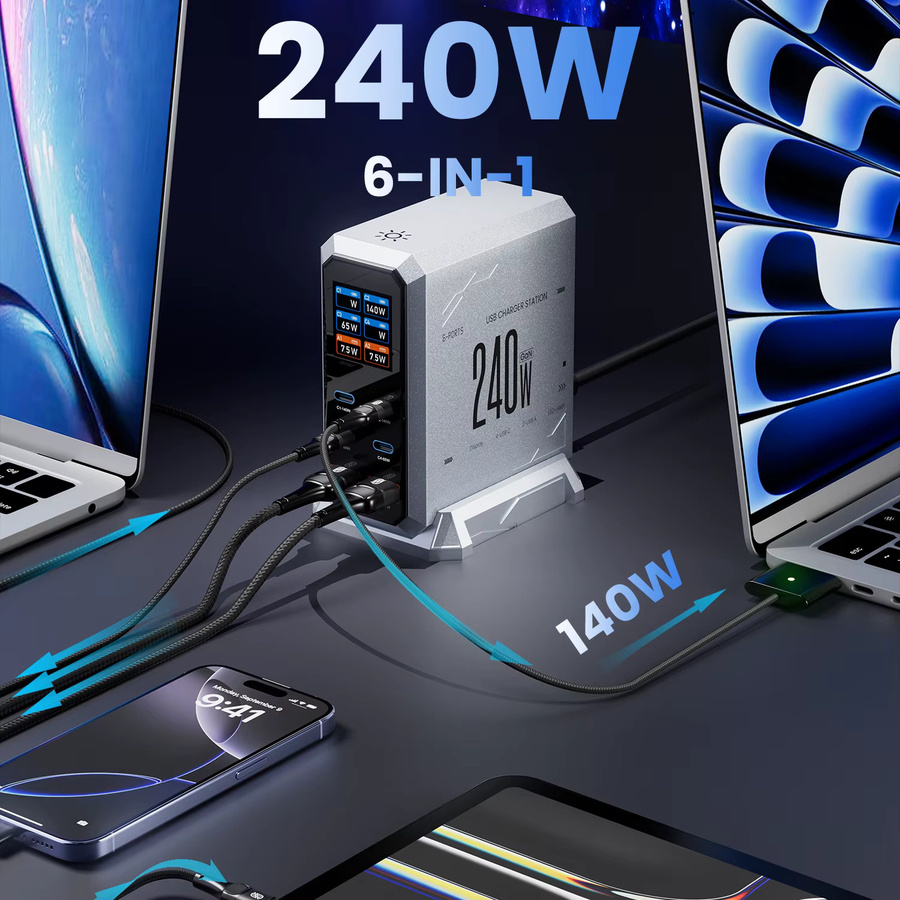 ASOMETECH 240 W Digitales GaN-Ladegerät mit 6 Ports und PD3.1 140 W USB Typ C Desktop-Schnellladestation für iPhone, Samsung, Xiaomi und MacBook Laptops - Bild 3