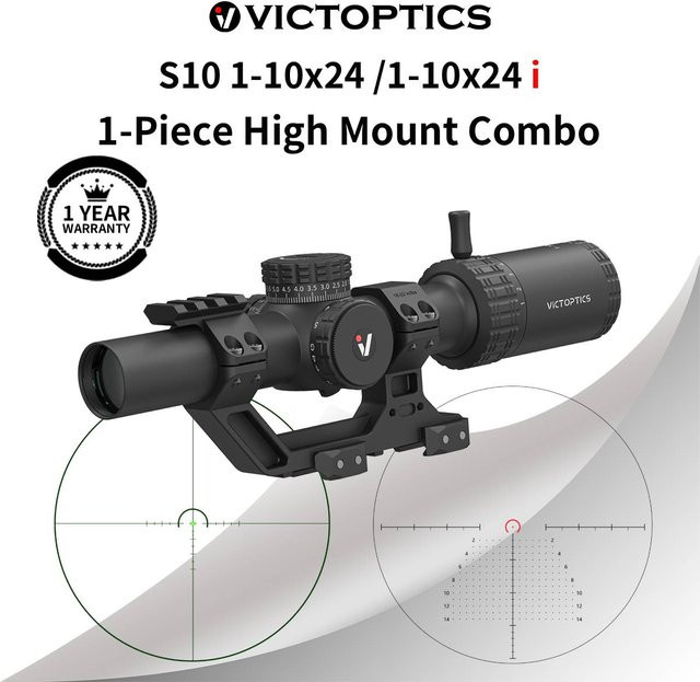 Victoptics S10 1-10x24 Zielfernrohr in Schwarz mit 1/10 MIL Turmverriegelung und High-Mount-Picatinny-Montage-Kit - Bild 1