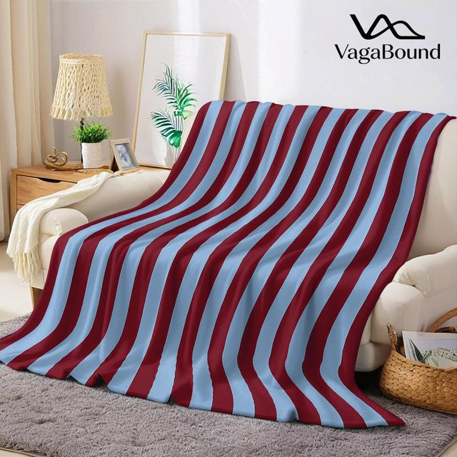 JMG Household Supplies Flanell-Decke mit Vertikalstreifen in Bordeauxrot und Hellblau, weich und warm, B/H: 100 x 150 cm - Bild 1