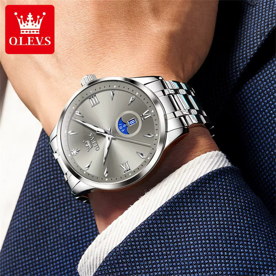OLEVS Armbanduhr Quarz, Edelstahl, Silber, Herren, Wochenkalender-Anzeige - Bild 4