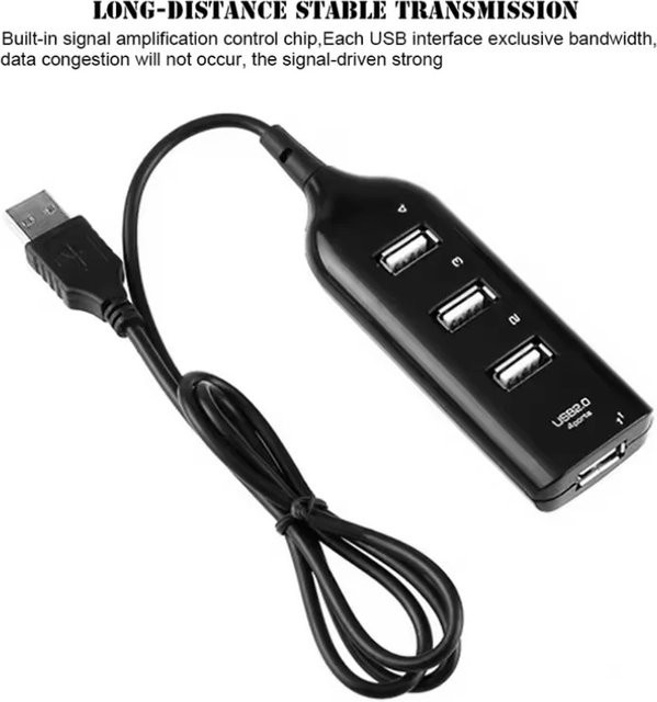 VIKEFON 4-Port USB 2.0 Hub Mini-USB-Splitter mit Kabel in Schwarz für PC, Laptop und Notebook - Bild 1