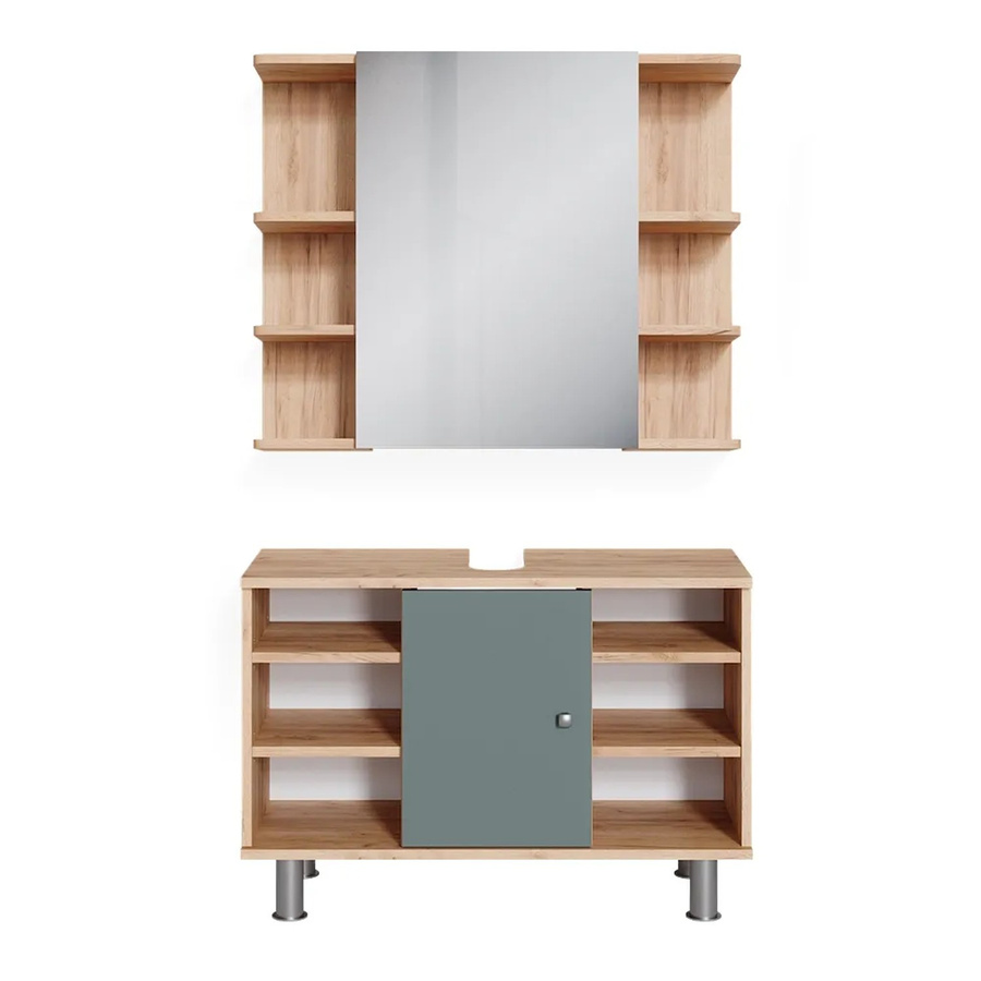 Vicco Badmöbelset Fynn aus Eiche in Grün und Gold, bestehend aus Waschtischunterschrank und Spiegelschrank, Breite: 80 cm - Bild 2