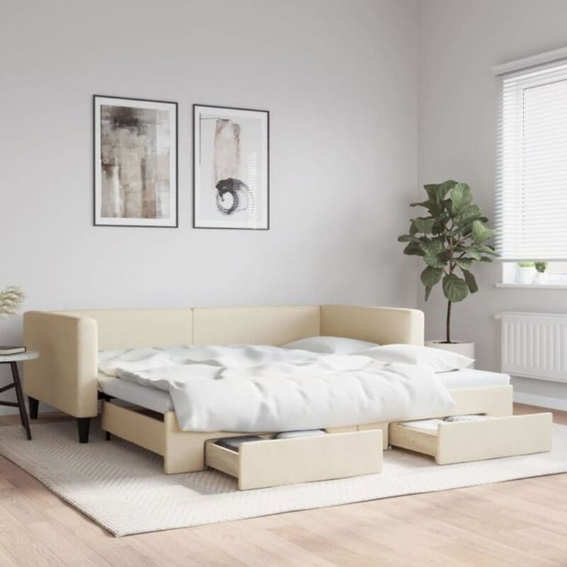 Ausziehbares Funktionsbett vidaxl mit Schubladen in Beige aus Stoff und Metall, B: 100 cm, L: 200 cm - Bild 1