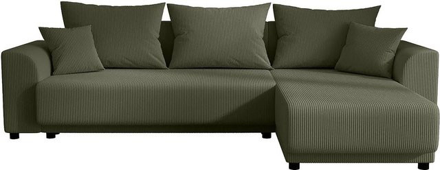 Vente-unique Schlafsofa Nessaro in Khaki mit Cord-Bezug, L-Form, Breite: 240 cm - Bild 1