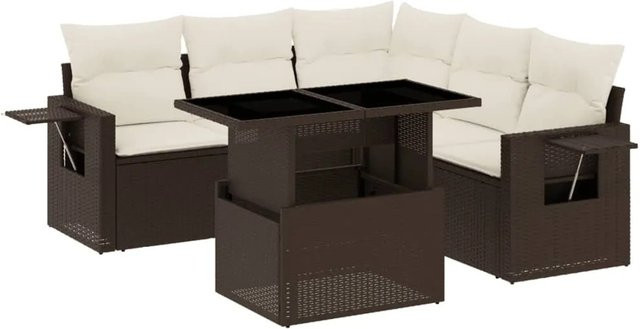 vidaXL 6-tlg Garten-Sofagarnitur in L-Form aus braunem Poly-Rattan mit UV-beständigen Kissen und Metallrahmen - Bild 1