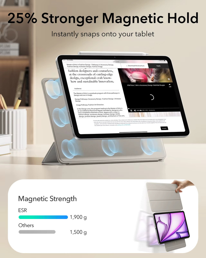 ESR Schutzhülle für iPad Pro 11 Zoll (M5/M4) mit vertikalem Ständer, Magnetverschluss und Stifthalter in Pink oder Grey - Bild 4