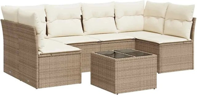 vidaXL 7-teilige Garten-Sofagarnitur in L-Form aus Poly-Rattan mit Kissen in Beige-Creme - Bild 1