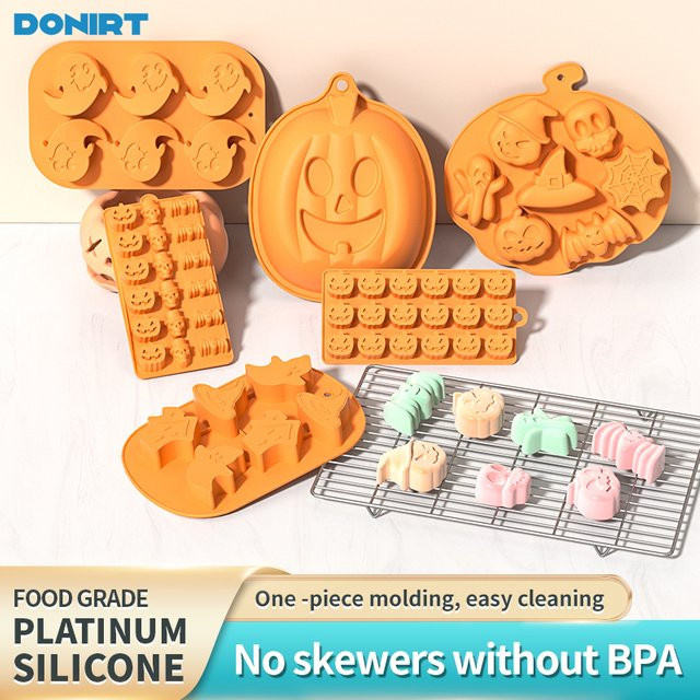Donirt Halloween Silikon Backformen in Orange für Schokolade, Cookies und Eiswürfel mit Kürbis, Fledermaus, Schädel und Geisterformen - Bild 1