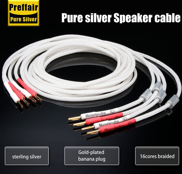 Monosaudio HiFi-Lautsprecherkabel aus reinem Silber mit Reinkupfer-Bananensteckern in Weiß - Bild 1