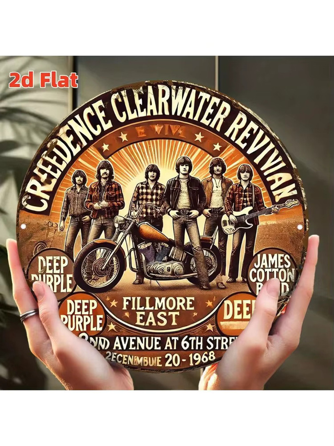 Vintage Creedence Clearwater Revival Band Metallwandkunst Potdemiel – Rundes Aluminiumschild Deep Purple und Fillmore East in Multicolour, Durchmesser: 20 cm - Bild 5