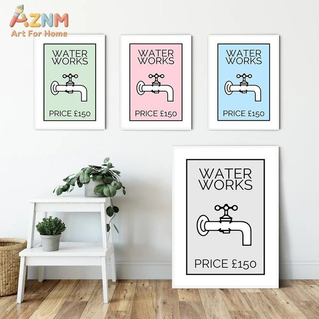 AZNM Monopoly Water Works Leinwandposter mit lustigem Zitat, moderne Wandkunst für dein Badezimmer, mehrfarbig, ungerahmt - Bild 1