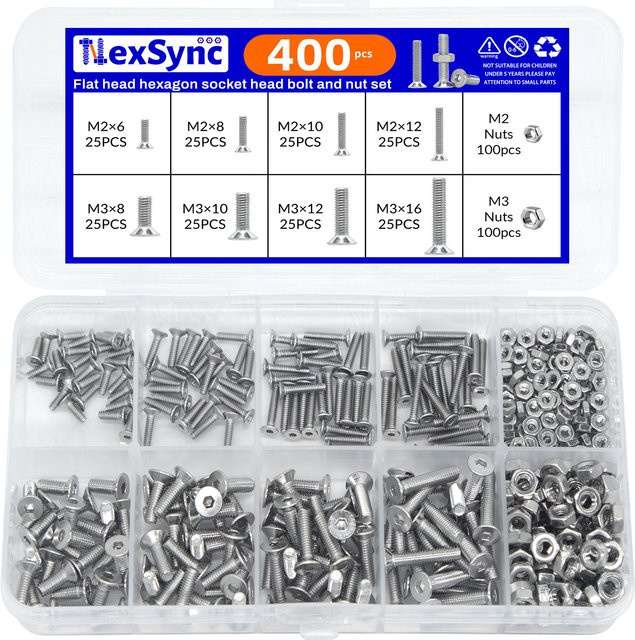 NexSync 400 Stück M2/M3 Flachkopf-Innensechskantschrauben und Muttern aus Edelstahl A2-70 in Silber - Bild 1