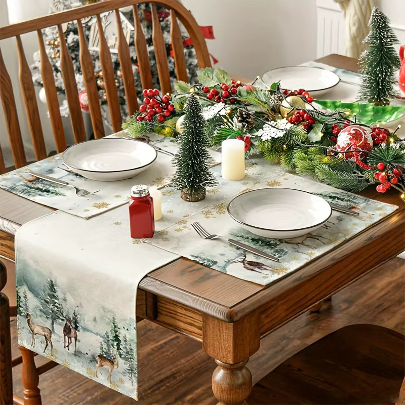 VIKAMA 4-teiliges Tischset-Set Wintersolstice mit Schneeszene und Hirschwald für deine Weihnachtsdekoration - Bild 3