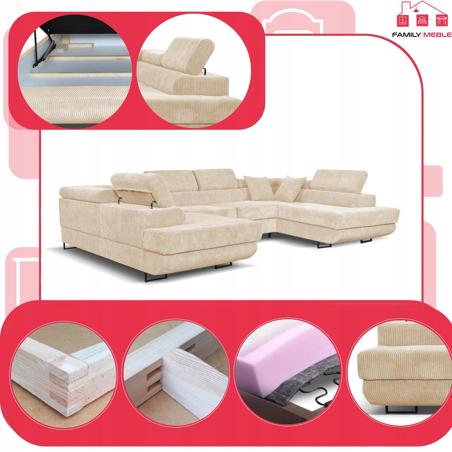 Ausklappbares U-förmiges Ecksofa von Savio Family Möbel in Beige Cord - Bild 5