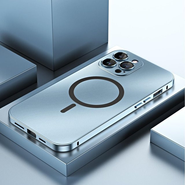 MagSafe kompatible Metall Schutzhülle für Apple iPhone 12 bis 16 Pro Max in Blau mit Aluminiumrahmen und Objektivschutz - Bild 1