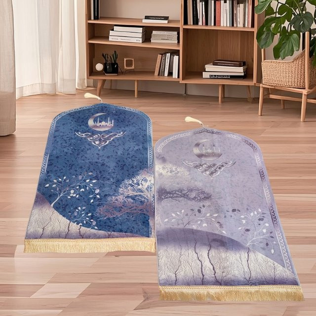 VIKAMA 2-teiliges Set Muslimische Gebetsmatten mit Quasten und asymmetrischem Design in Blau für Unisex - Bild 1