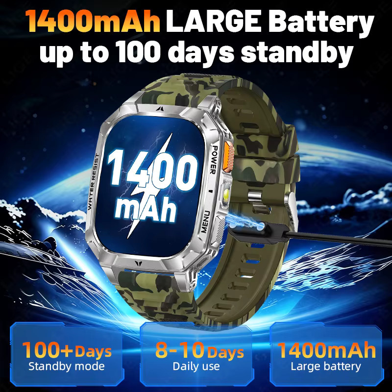 LIGE Militär-Smartwatch mit 2,01 Zoll HD-Bildschirm, 1400 mAh Akku, Bluetooth-Anruf, 3ATM wasserdicht, Farbe: Blau, kompatibel mit Android und iOS - Bild 5