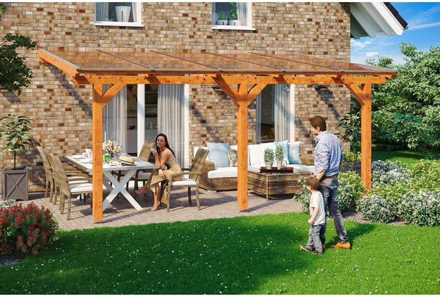 Skan Holz Terrassenüberdachung Andria aus Leimholz Eiche hell mit Polycarbonat-Dach B/T/H: 541 x 300 cm - Bild 1