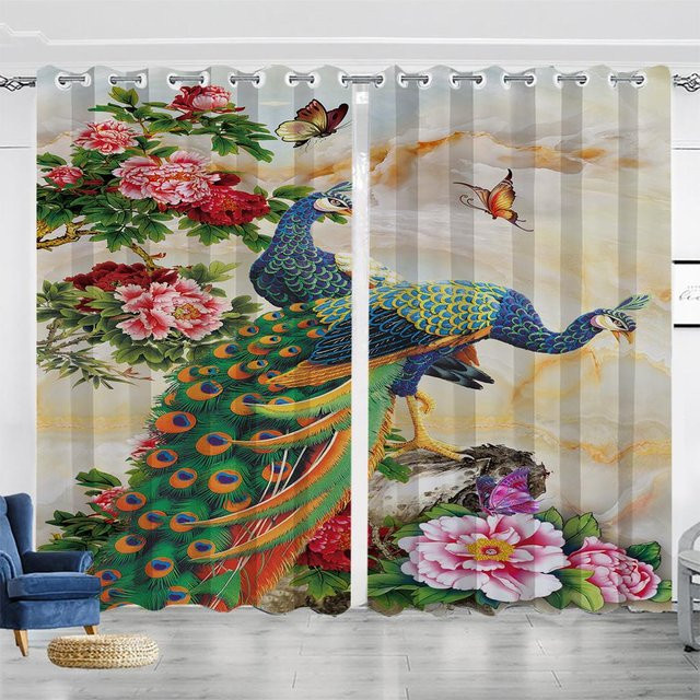 Yiran Furniture Vorhänge im Vintage-Design mit Pfau, Blumen und Schmetterlingen, 2 Paneele, halbtransparent, Multicolour, B: 100 cm, H: 130 cm - Bild 1