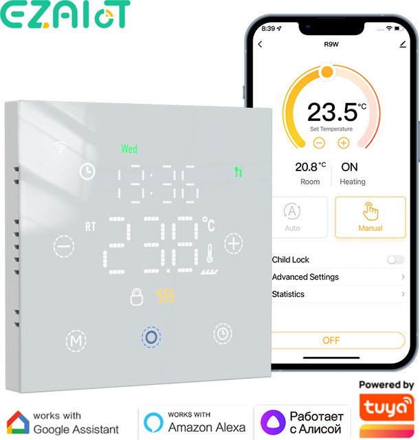 EZAIOT Smart Wifi Thermostat mit App-Steuerung und Glasfront in Weiß für elektrische Bodenheizung sowie Wasser- und Gaskessel, kompatibel mit Google Home, Alexa und Yandex - Bild 1