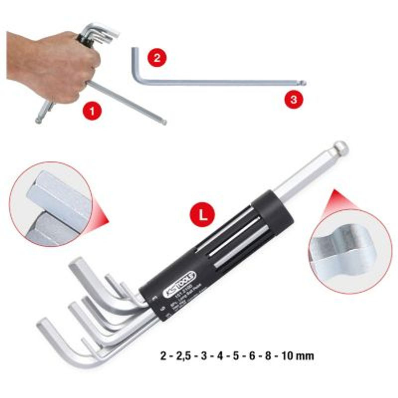KS-Tools 8-teiliger 3 in 1 Innensechskant-Winkelstiftschlüssel-Satz aus Chrom-Vanadium in Silber - Bild 2
