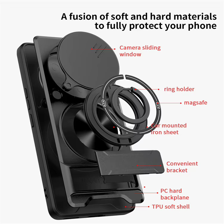 Magnetische Handyhülle für Honor Magic 8 Pro, 7, 8 Lite, X9B, X9A, X9D, X60, X70, X50, X9C mit 360 Grad drehbarem Kunststoffring in Schwarz - Bild 4