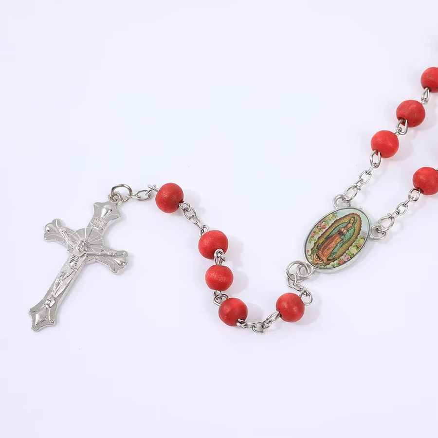 DAIPAN Halskette Holz, Rot, Jungfrau Maria-Kreuz-Anhänger, Unisex - Bild 2