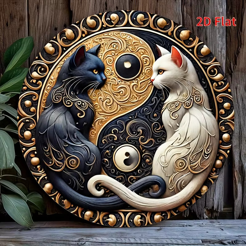 Potdemiel Rundes Aluminiumschild mit Katzenmotiv in Schwarz-Weiß, Rustikale Metall-Dekoration für Café und Restaurant, Durchmesser: 20 cm - Bild 4