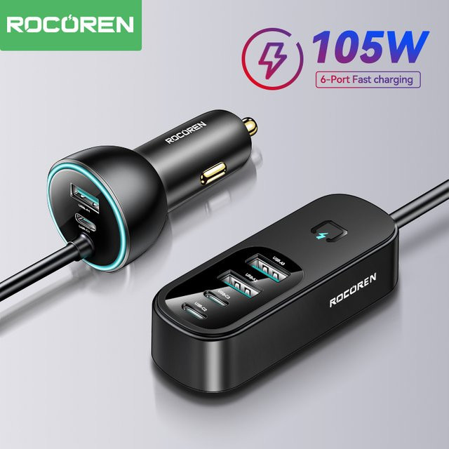 Rocoren 105W Multi 6 Ports Auto Ladegerät für Rücksitz mit USB Typ C Schnellladegerät in Schwarz - Bild 1