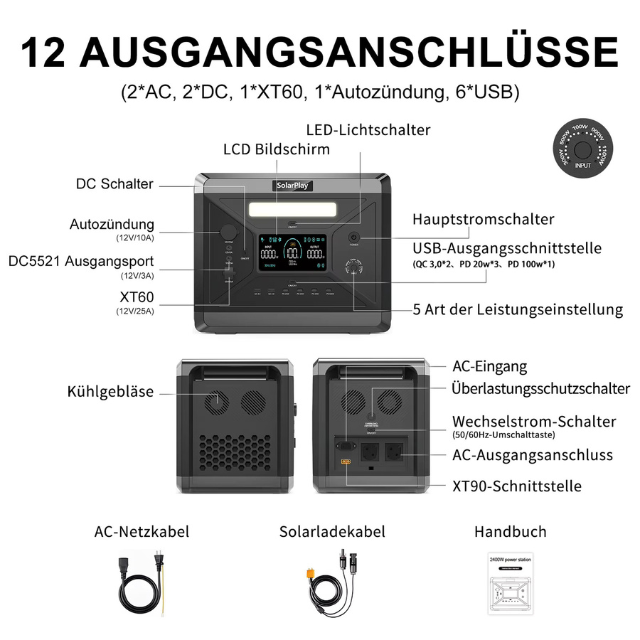 SOLARPLAY Tragbares Kraftwerk mit 2160Wh LiFePO4-Batterie und 2400W Leistung in Grau - Bild 8