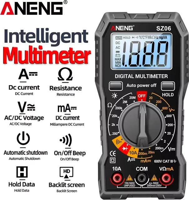 ANENG SZ06 Digitales Multimeter mit 2000 Messungen für 600V AC/DC Spannung, 10A DC Strommessung, Widerstand und Diodentest in Rot und Schwarz - Bild 1