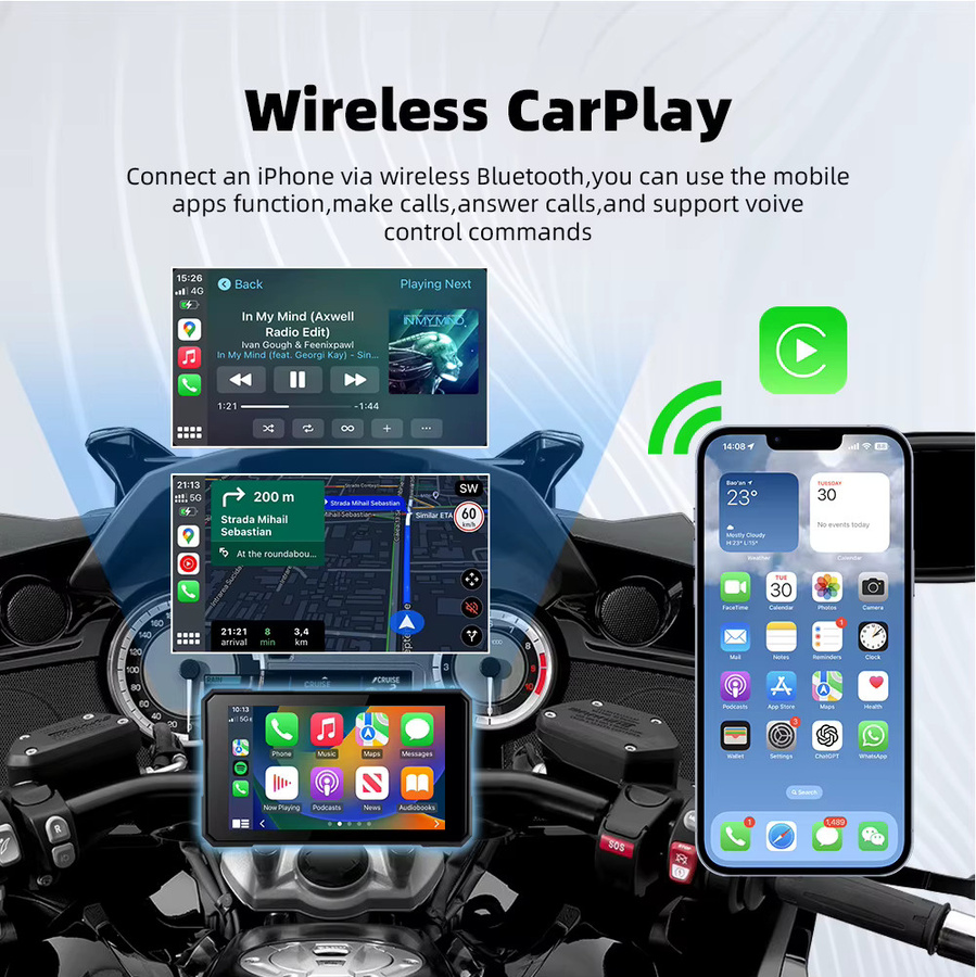EKIY Tragbares Motorrad-Display mit GPS, wasserdicht, kabellos, Android und CarPlay, Schwarz, 12,7 cm - Bild 3