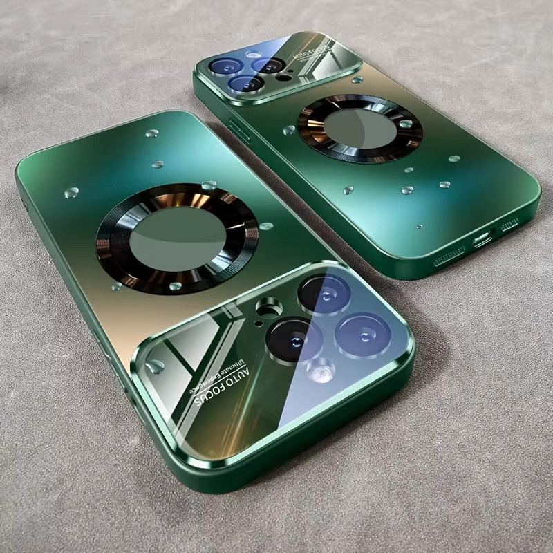 Stoßfeste Glas-Kamera-Magnet-Hülle für Apple iPhone kompatibel mit MagSafe in Grau und Grün - Bild 1
