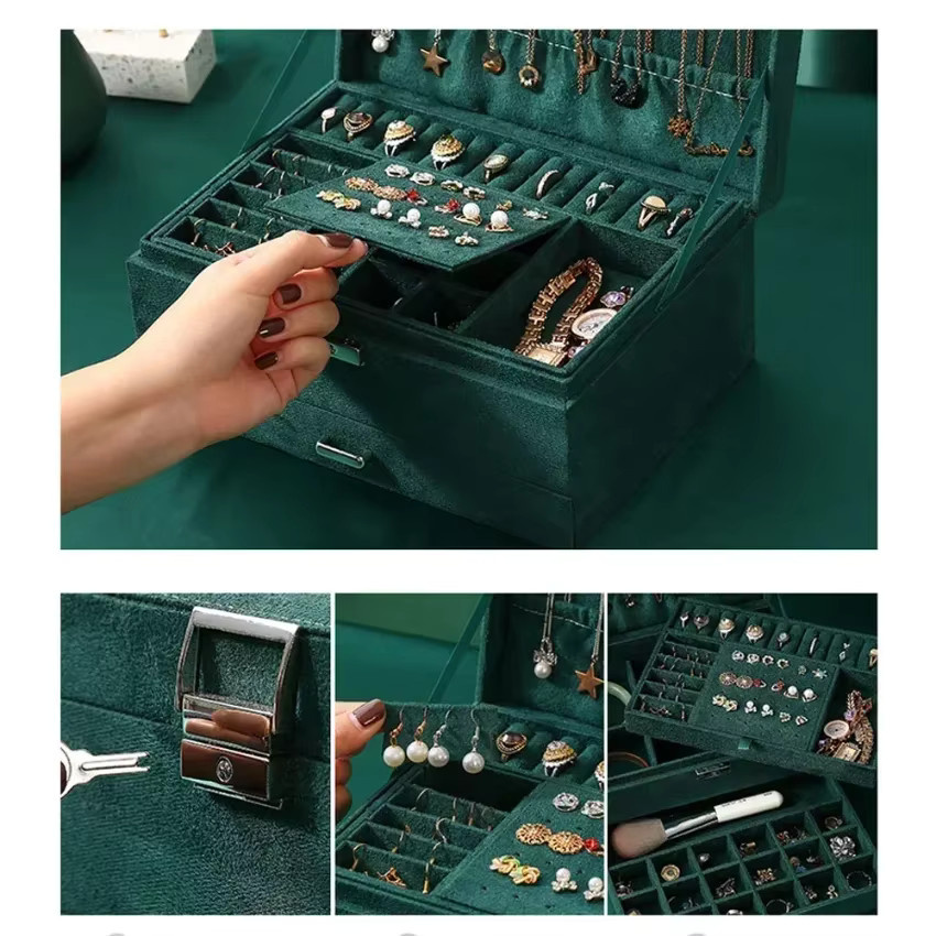 ANGLANG Schmuckkasten für Damen mit Schloss aus Samt, 3-schichtiger Schmuck Organizer für Ringe und Halsketten, Schwarz oder Grün - Bild 2