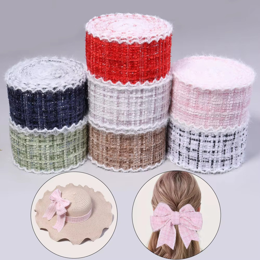 Elegantes Tweed Band in Pink mit Plaid-Muster und flauschigen Kanten, Breite: 4 cm, Länge: 2,74 m - Bild 2