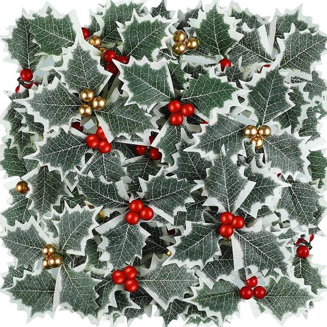 Joy-enlife Künstliche Stechpalmen Beeren mit Blättern in Gold und Rot für Weihnachtsbaumschmuck und Kranz-Arrangements, 10 oder 20 Stück - Bild 1