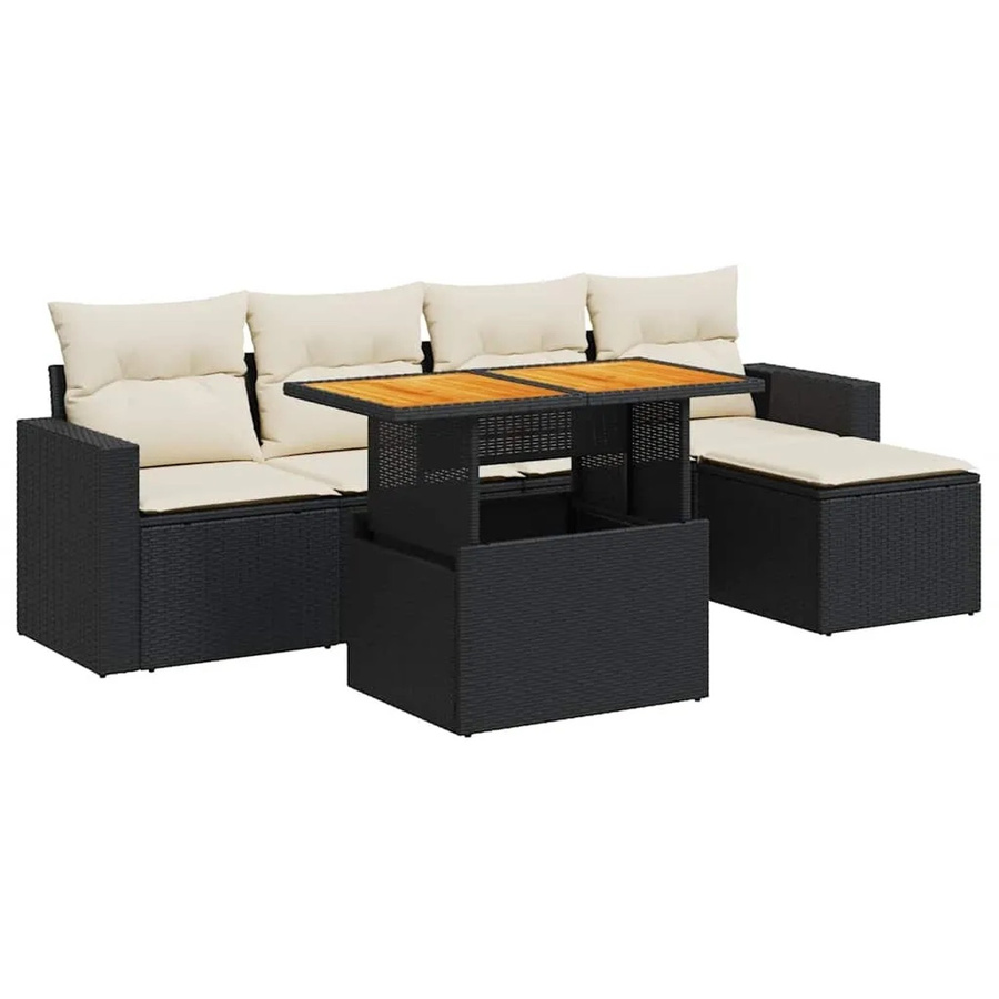 vidaXL 6-teilige Garten-Sofagarnitur aus Poly-Rattan und Akazienholz in Schwarz-Creme mit Kissen - Bild 2