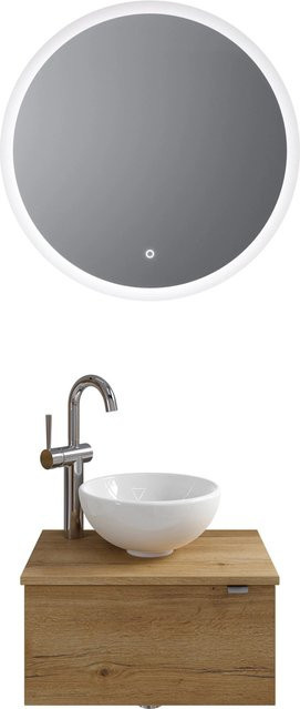 Pelipal Badmöbel-Set Serie 6915 Halifax in Eiche mit Keramik Aufsatzbecken, Waschtischunterschrank und Funktionsspiegel mit LED-Beleuchtung und Sensor-Schalter, Breite: 70 cm - Bild 1