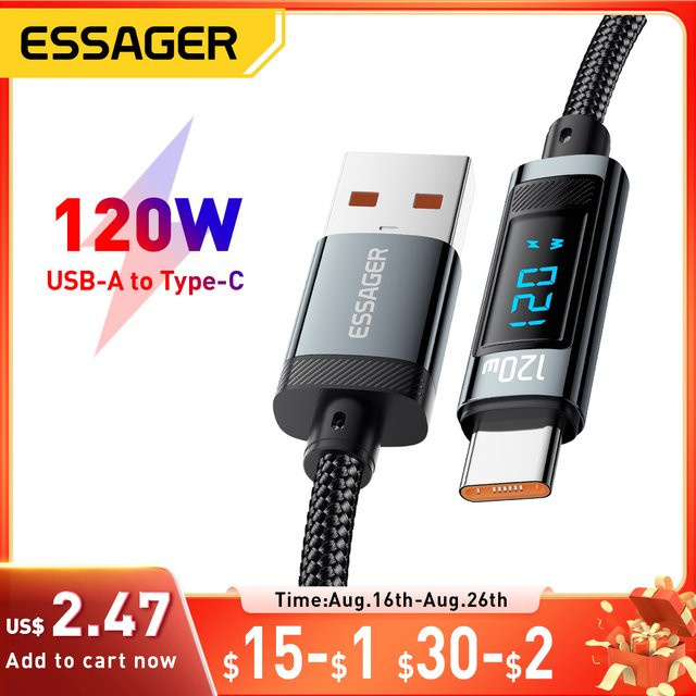 Essager 120W USB Typ C Schnellladekabel mit LED-Digitalanzeige für iPhone, Huawei und andere Geräte in Schwarz oder Grau - Bild 1