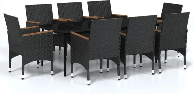 vidaXL 9-teilige Garten-Essgruppe aus PE-Rattan und Akazienholz in Schwarz mit Glasplatte und Kissen - Bild 1