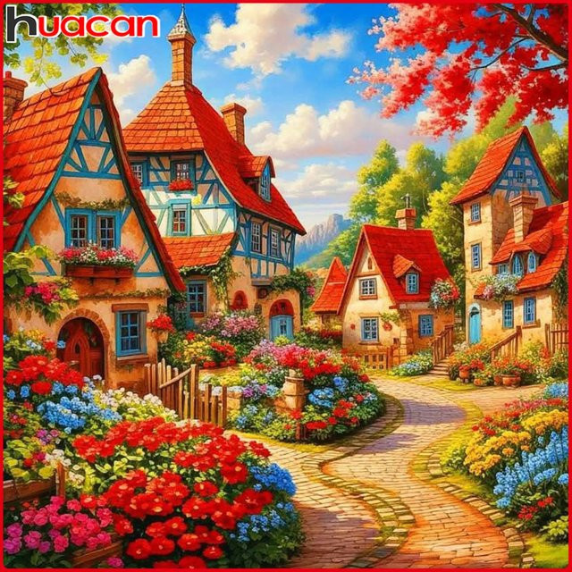 Huacan Diamantmalerei Straßenblumenhaus als Landschaftsmosaik Set in Mehrfarbig, B/H: 20 x 20 cm - Bild 1